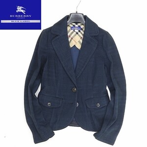 ◆BURBERRY BLUE LABEL バーバリー ブルーレーベル チェック柄 ストレッチ パイピング 2釦 ジャケット 紺 ネイビー 38