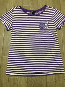 USED☆ GAP パープル×白ボーダー　スパンコール付き半袖Tシャツ　130㎝　8～9歳