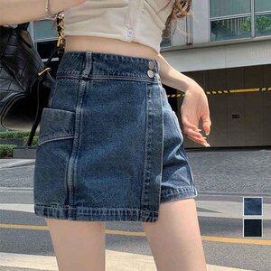 デニムパンツ ホットパンツ ボタンスカパン デニム ショートパンツ L インディゴ