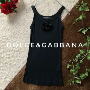 ドルチェ＆ガッバーナ　リブタンクトップ　リボンフラワー　イタリア製　綿　36サイズ　ブラック　DOLCE&GABBANA