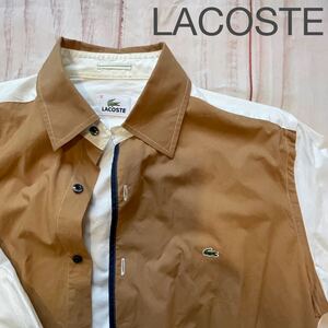 1円 美品 ★ ラコステ★ Lacoste ★ 長袖/シャツ/ブラウン・ホワイト/サイズ S-M