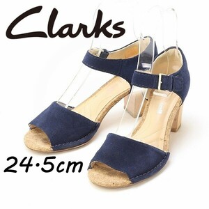 ◆CLARKS クラークス スエード チャンキー ヒール サンダル 紺 ネイビー 5 1/2