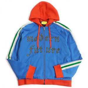 美品□GUCCI/グッチ 474643 LOVED パンサー バックエンブロイダリー フーデッド トラックジャケット/ブルゾン ブルー系 XL 伊製 正規品