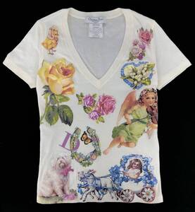 T12/134 Christian Dior クリスチャンディオール プリントTシャツ 花柄 Vネック 半袖 Tシャツ F/38 GB/10 ホワイト系 他