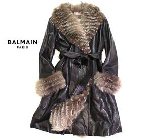 バルマン BALMAIN 大きいサイズ 13 上質 フォックスファー ベルト付き レザー コート