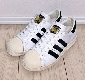 美品 adidas ORIGINALS SUPERSTAR 80s G61070 22cm アディダス オリジナルス スーパースター レザー 本革 金ベロ ブラック ホワイト 黒 白