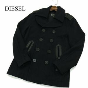 DIESEL ディーゼル 秋冬 羊革 リアル ラム レザー切替★ メルトン ウール マリン Pコート Sz.M　メンズ ネイビー　A3T12587_A#N