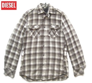 美品!!ディーゼル DIESEL*金属ロゴプレート キルティング裏地付き チェック柄シャツジャケット S ブラウングレー系