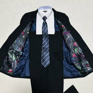 未使用級◎PAUL SMITH 鳥柄 花柄 バード 希少デザイン セットアップ シングルスーツ 2B 背抜き 春夏 黒 ブラック S メンズ ポールスミス