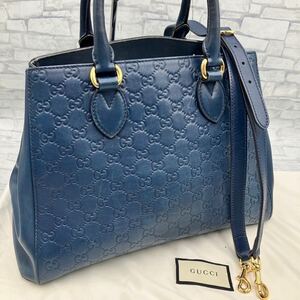 【美品】GUCCI グッチ トートバッグ ハンドバッグ ショルダー 2way シマ GG柄 型押し レザー 本革 ネイビー 紺 ブルー メンズ レディース