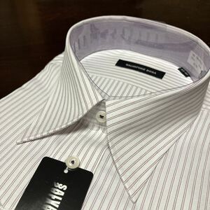 SALVATORE BOSA 形態安定　白地×エンジストライプワイシャツ　L(40-82)　レギュラーカラー　送料無料