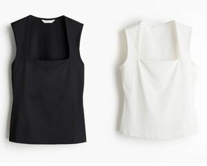 H&M エイチアンドエム 現行販売中スクエアネックジャージートップス 1,299円 ブラック　XS ホワイト　XS 2枚セットノースリーブ 無地 