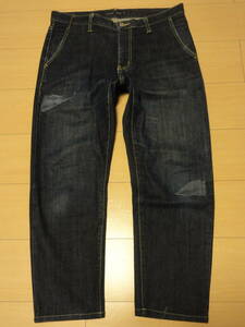 格安廃版レア・URBAN RESEARCH(アーバンリサーチ)・珍しい麻綿混紡ダメージ加工デニム地・高級ペグトップ系デザインジーンズ 40 W88cm位