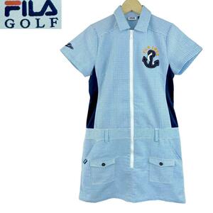 即決★サイズM★FILA GOLF★ ポロワンピース ボーダー柄 ゴルフウェア 半袖 サッカー生地 ジップ レディース フィラゴルフ T-2680 古着公園