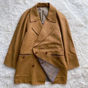 美品●カシミヤ●千鳥格子柄●LANVIN 異素材 リアルレザー くるみボタン L相当 ダブル チェスターコート キャメル メンズ ランバン