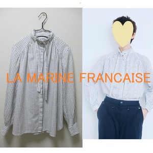 ★LA MARINE FRANCAISEマリンフランセーズ★コットン トラッド ボウタイブラウス チェック グラフチェック ラインチェック 白ホワイト 中古