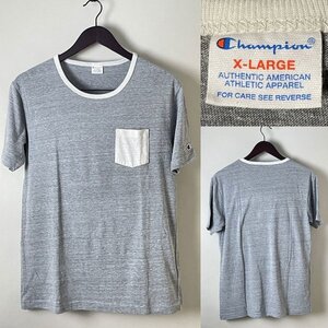 ★【USED品 国内正規品 近年 Y2K】 Champion チャンピオン ヘインズブランズ リンガー トリム 半袖 無地 ポケット Tシャツ XL ライトグレー