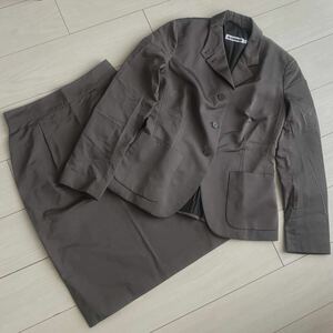 美品 JIL SANDER ジルサンダー ジャケット 膝丈スカート セットアップ 36/34 カーキ イタリア製 ポリエステル シルク