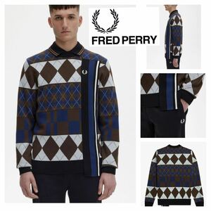 美品■FRED PERRY■ストライプ パネル アーガイル ニット セーター L タバコ ブルー フレッドペリー Striped Panelled Argyle 定価29,700円