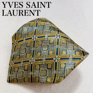 YVES SAINT LAURENT イヴサンローラン ネクタイ 総柄 シルク100％ 高級感 金 ゴールド メンズ ゴージャス ワンポイントロゴ スーツ Q23