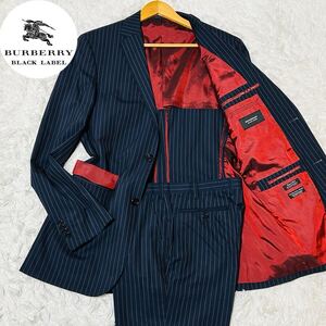 極希少サイズ/42/XL★ バーバリーブラックレーベル BURBERRY BLACK LABEL スーツ セットアップ 裏地赤 ストライプ 刻印ボタン ウール 高級