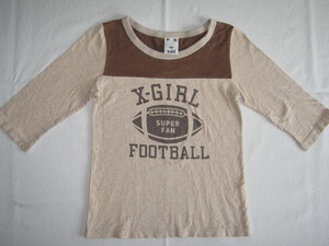 ★古着 X-girl エックスガール FOOTBALL アメリカンフットボール柄 七分袖Tシャツ サイズ1 子供服130cmぐらい ベージュ×茶 KIDS キッズ★