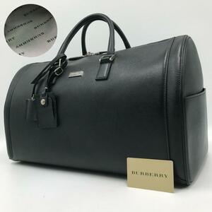 極美品/大容量●バーバリー BURBERRY メンズ ビジネス ボストンバッグ ハンド トート 内側総柄 サフィアーノレザー ブラック 黒色 定価16万