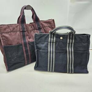 【2点まとめ】HERMES エルメス フルートゥ ＰＭ/ＧＭ キャンバス ハンドバッグ ビジネス 大容量 ネイビー/ボルドー系　 Ｐ132-2/Ｐ62-8