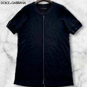 美品/XL相当◎ドルチェ&ガッバーナ DOLCE&GABBANA ドルガバ コットン&シルク 絹 パイピングデザイン 半袖 Tシャツ カットソー ネイビー 52