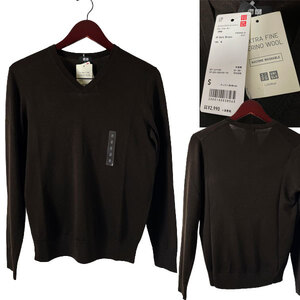 ★【定価3,280円 国内正規品】 ユニクロ UNIQLO 351-419189 エクストラ ファイン メリノ Vネック セーター ニット S 長袖 ダークブラウン