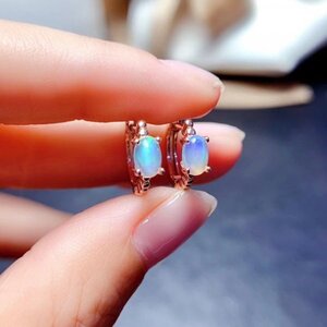 【証明書付き】女性用天然オパールピアス、4×6mm、925シルバー ◆最初の入札者様に限り開始価格で購入可能　S9