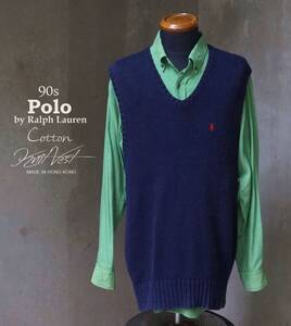 90s 香港製 ポロ Polo ラルフローレン Ralph Lauren 紺 ネイビー コットン ニットベスト M