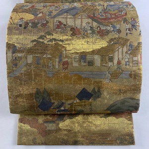 丸帯 美品 逸品 祇園祭 町風景 箔 金糸 金色 正絹 【中古】