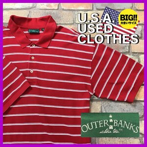 ME12-726★USA古着★BIGサイズ【OUTER BANKS】ボーダー 鹿の子 半袖 ポロシャツ【メンズ XL】レッド ワーク ゴルフ アメカジ ストリート