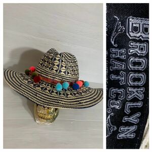 BROOKLYN HAT CO. ブルックリンハットカンパニー　WILLIAMSBURG NEW YORK ダイヤ編みツバ大　中折れ山高帽子 ストローハット ベージュ×紺