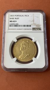 1833年　ポルトガル　BARE BUST ペカ　MS62+ NGC 金貨 レア 希少年度 マリア2世 準最高鑑定