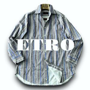 B03 美品！定価8万 XLぐらい『エトロ ETRO』イタリアンコットン ニットプリントデザイン 長袖 シャツ ブルーストライプ 鮮やかな色合い！