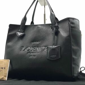 A4可●極美品LOEWE ヘリテージ トートバッグ メンズ ロエベ ビジネス ロゴ型押し ブラック レザー 肩掛け ブリーフケース 通勤 本革