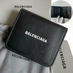 【極美品★箱付き】BALENCIAGA バレンシアガ 二つ折り財布 エブリデイ コンパクト ロゴプリント シボ革 レザー 594216