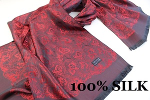 新品【SILK シルク100%】華 ペイズリー柄 大判 ストール/スカーフ レッド系 ブラック