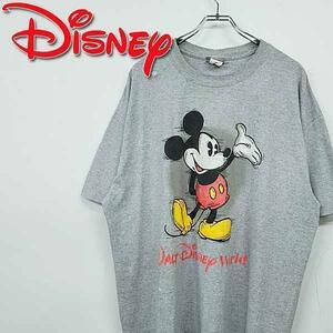 古着 90s ディズニー ミッキーマウス ビッグロゴ Tシャツ グレー XL