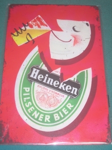 ハイネケン ビール　heineken Beer　イラスト　飲む　メタルサイン ブリキ看板　【ホーロー・ブリキ・アルミ　看板】