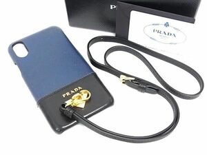 ■美品■ PRADA プラダ 1ZH058 サフィアーノレザー PhoneX/XS 対応 アイフォンケース スマホケース ネイビー系×ブラック系 BL2069