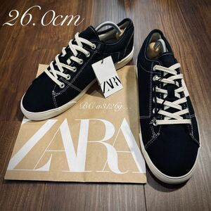 新品 ZARA サイドライン入りキャンバスシューズ 26.0cm 40 BLACK/WHITE メンズ ザラ スニーカー シューズ ローカット バルカナイズド製法