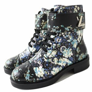 極美品 LOUIS VUITTON ルイヴィトン ワンダーランドライン レザー 花柄 LV金具ベルト付き ショートブーツ ブラック×マルチカラー 35 伊製