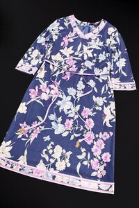 ☆美品☆LEONARDレオナール/ベルト付きコットン花柄プリントワンピース：42/紺青系xw964