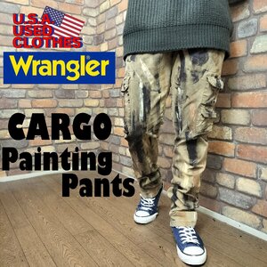 RE1-003★USA古着★【Wrangler ラングラー】ストレッチ テーパード カーゴパンツ【W31 80センチ】ペンキ加工 マルチカラー ワークパンツ