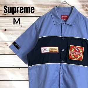 【入手困難】SUPREME シュプリーム ワークシャツ 襟 ワッペン シャツ バイカラー M ブルー ネイビー 青 紺 刺繍 袖ロゴ ピットクルー