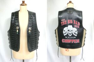 1000円スタート バイカーベスト CHOPPER HUNGRY COOLS GOD TEAM THE BIG BAD BIKER クロコ/パイソン レザー 皮革製 ファッション WHO L205