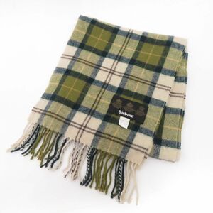 167 Barbour バブアー TARTAN SCARF フリンジ ロゴ タータンチェック マフラー ウール 1702458 グリーン系 ※中古